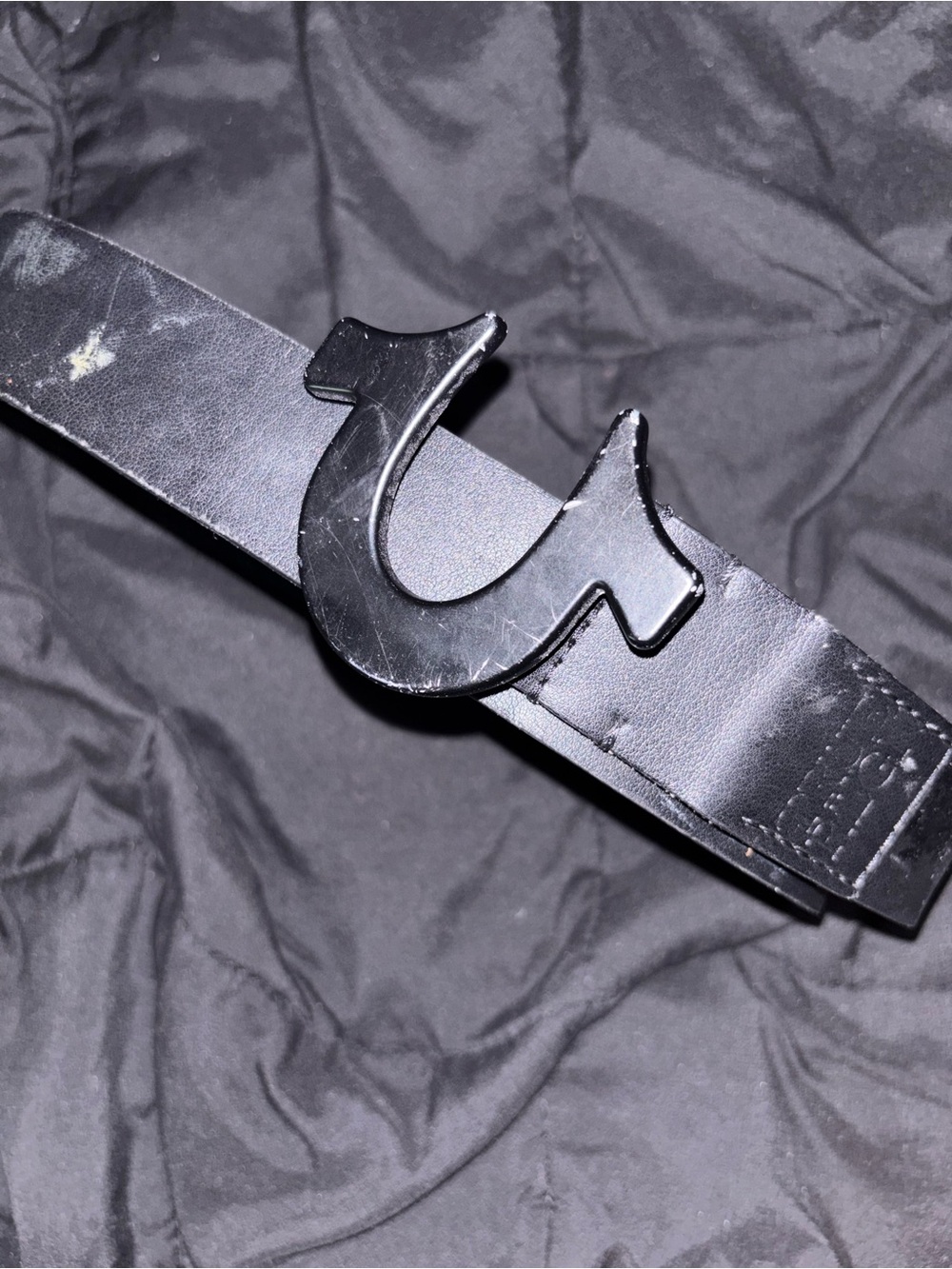 True Religion Black Leather Belt with Signature Horseshoe Buckle